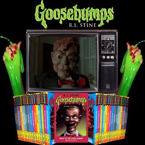 Goosebumps image featuring Slappy (Night of the Living Dummy) on the television underneath a pile of other Goosebumps books accompanied by slimey girl hands.