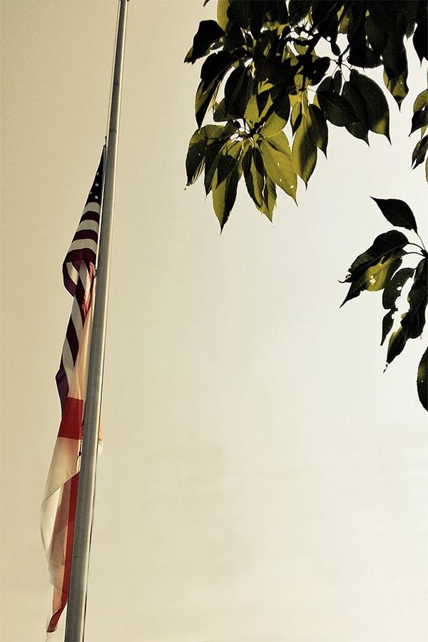 The American flag in front of Bob Jones High School.