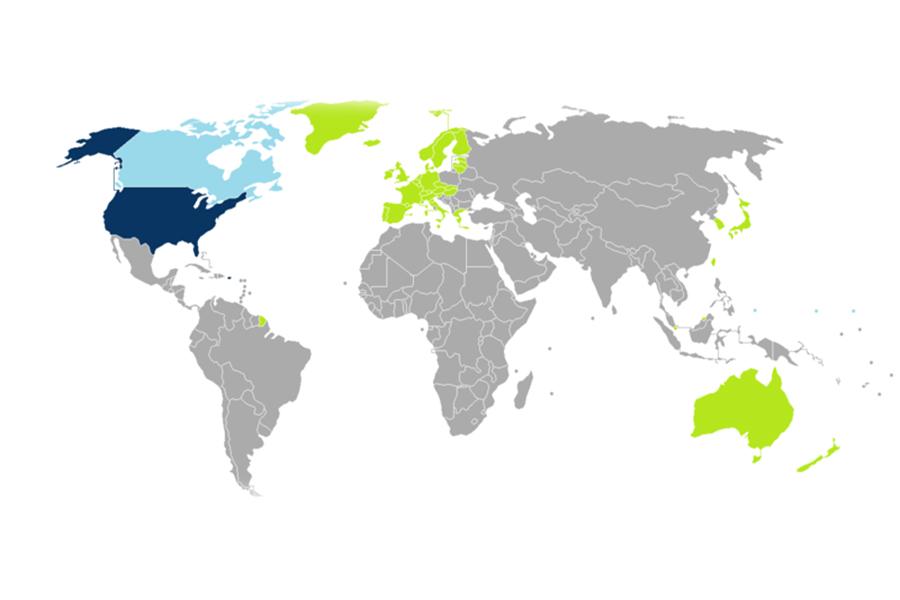 The navy blue area is the United States and its territories, the sky blue area is the visa free countries, and the lime green area is the countries under the Visa Waiver Program. Picture from Wikipedia.
