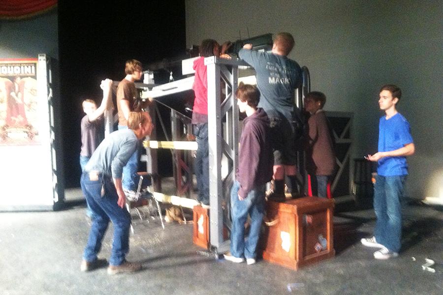 Techies working on the lift for The Last Illusion.