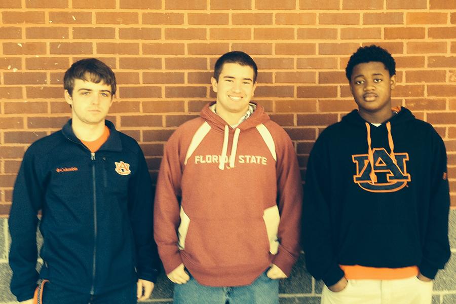 Three Bob Jones students, two Auburn fans and one Florida State fan, enjoy a pleasant winter day outside.