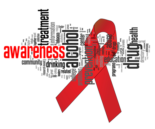 Substance abuse awareness ribbon with related keywords