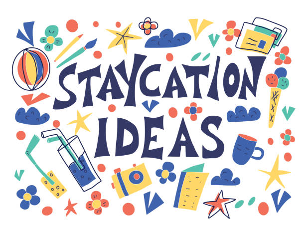 Staycation ideas poster in doodle style. Vector illustartion.